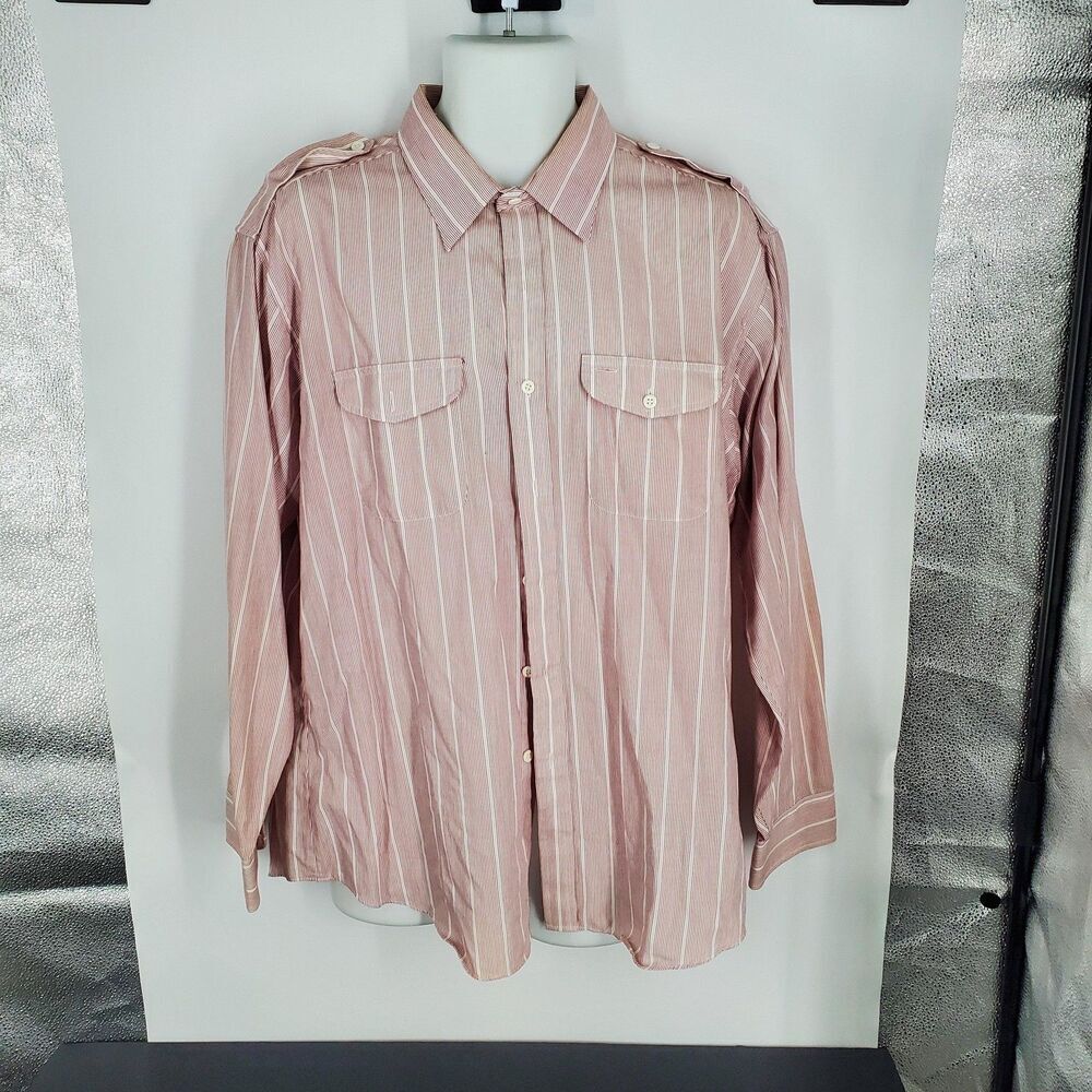 Knights Bridge Shirt Mens XL Pink White Stripe Button Down Epaulettes Collared